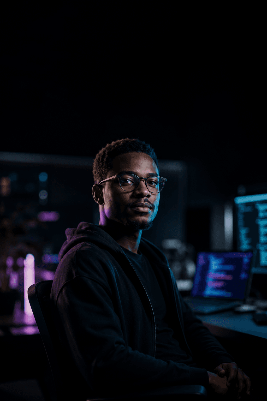 A software engineer working at a dark, modern tech workspace